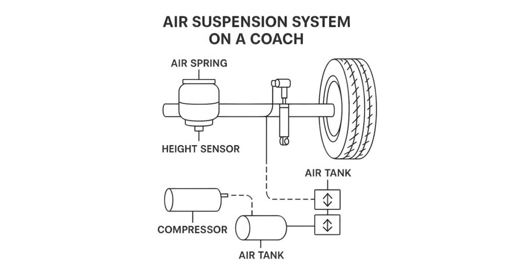 Air suspension system on a coach - labeled diagram