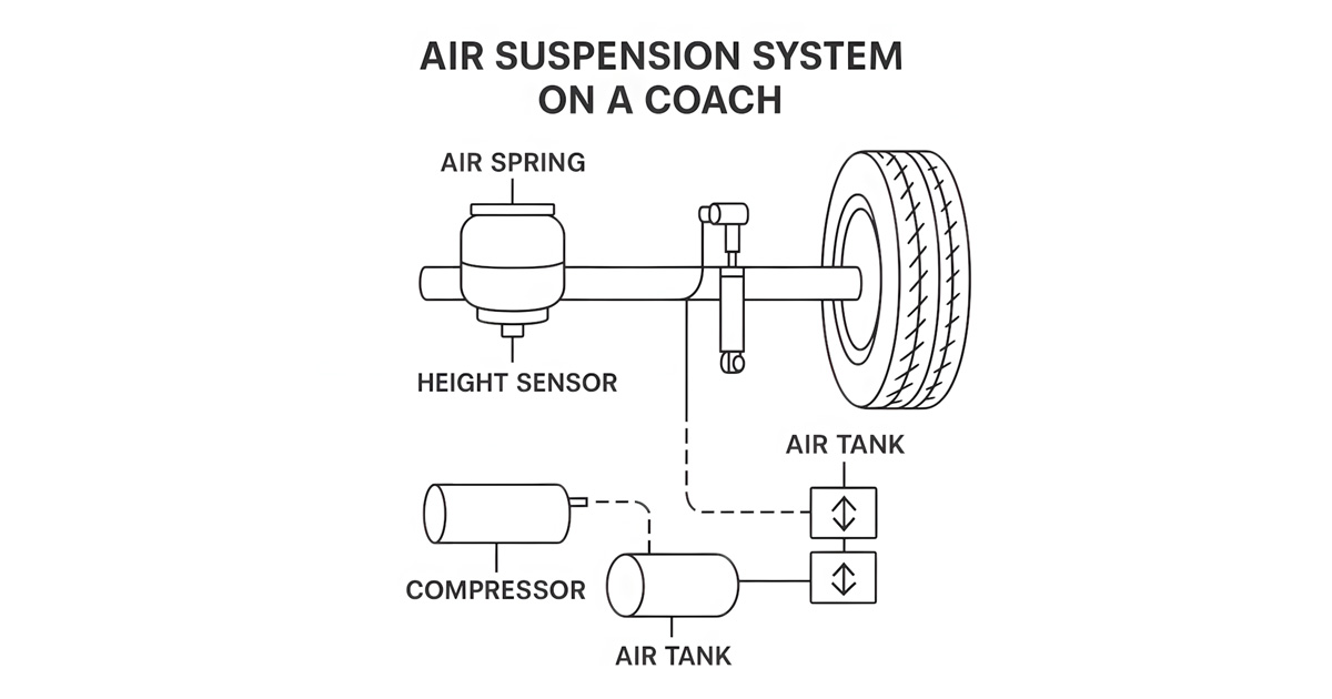 Air suspension system on a coach - labeled diagram